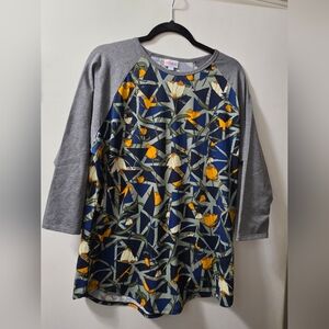 NWT LuLaRoe Raglan Shirt with Gray and Blue Floral Design
